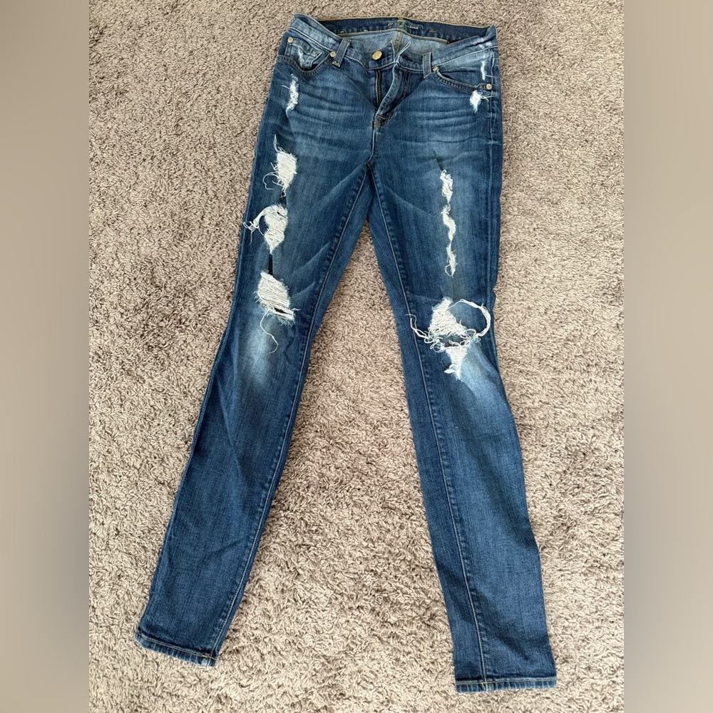 7 For All Mankind Distressed Dark Blue Skinny Jeans
